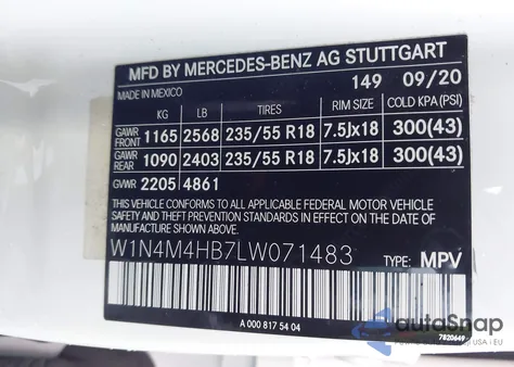 2020 Mercedes-Benz Glb 250 4Matic из США, поврежденный, VIN W1N4M4HB7LW071483